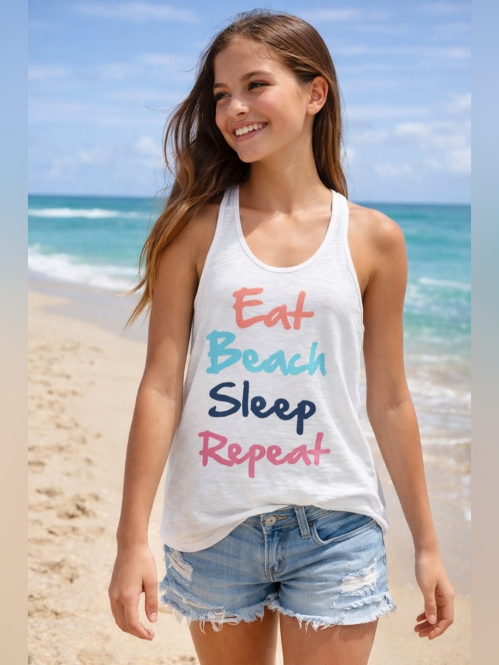 Claire’s Lace Back Racerback Tank “Eat Beach Sleep Repeat” One Size Juniors